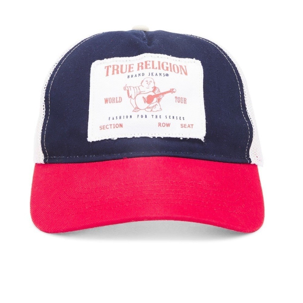 NWT True Religion Trucker Hat Mens OS Navy Red White Frayed Buddha